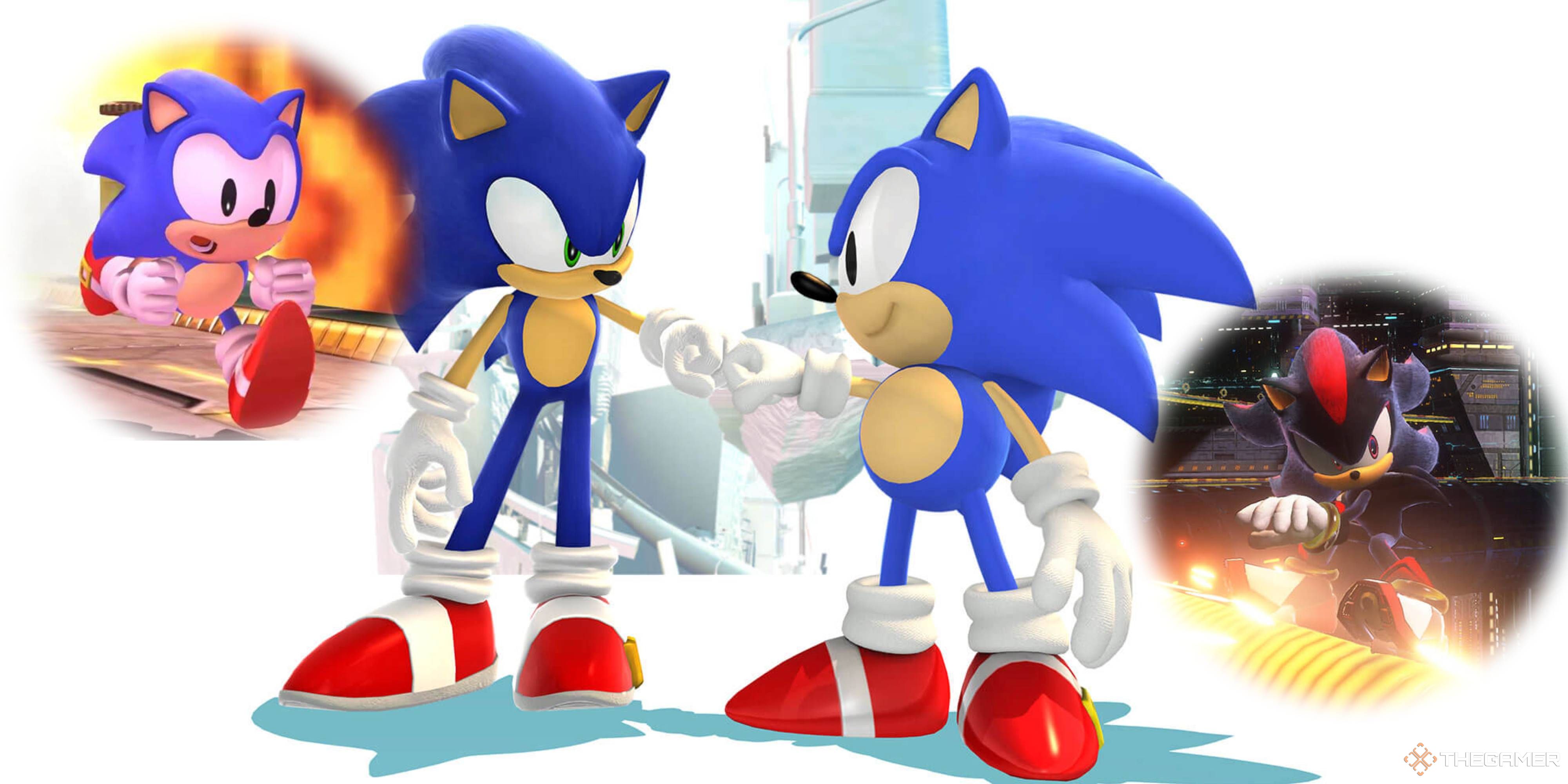 Old Sonic и Modern Sonic бьются кулаками в поколениях с изображениями Old Sonic и Shadow из Sonic X Shadow Generations