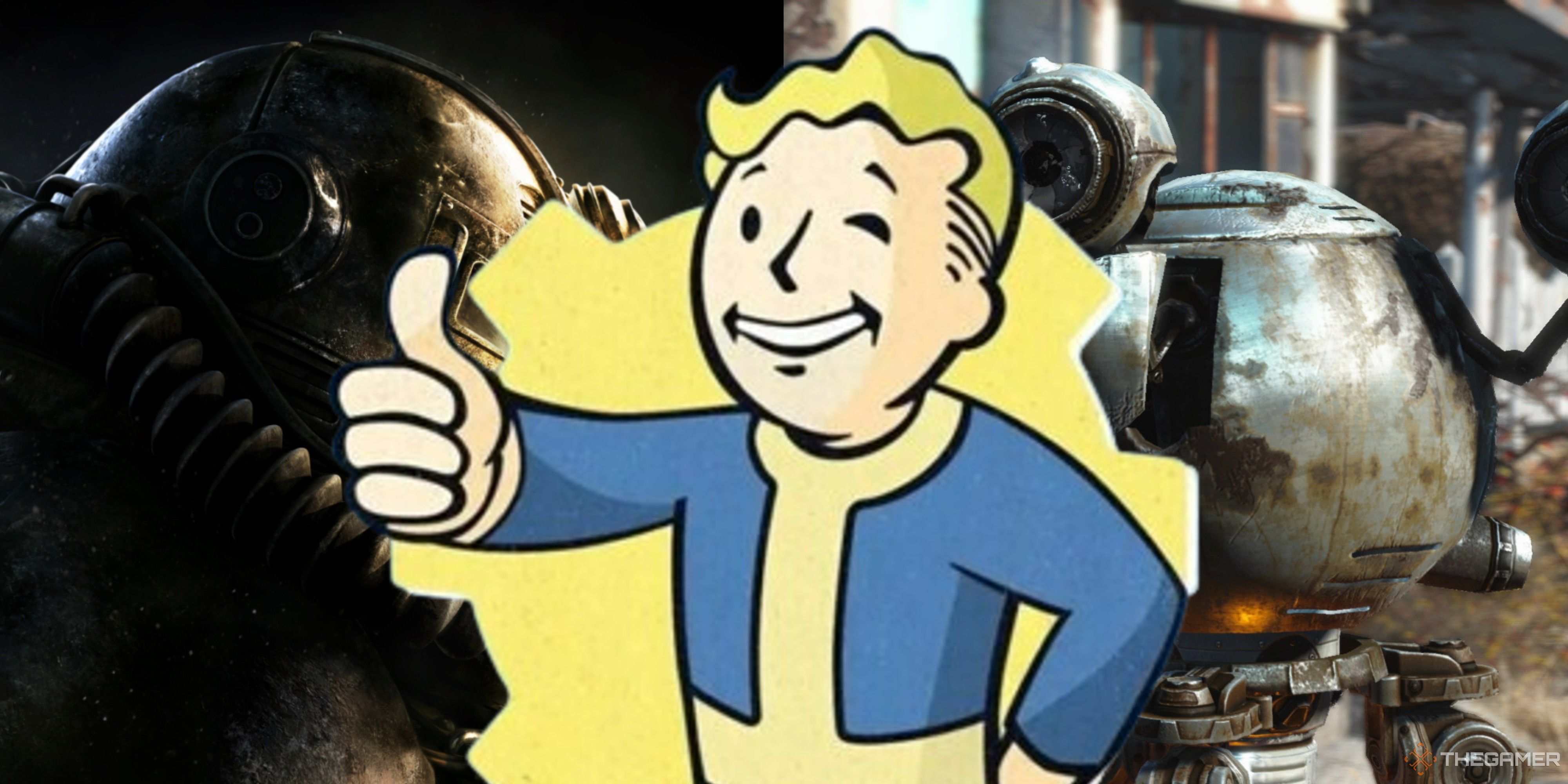 Логотип Vault Boy на силовой броне из Fallout 76 и робот-помощник из Fallout 4.