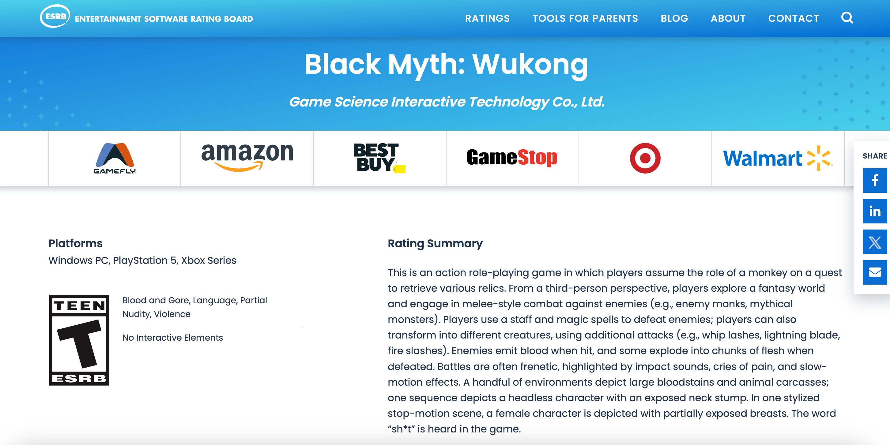 Черный миф: рейтинг Wukong ESRB