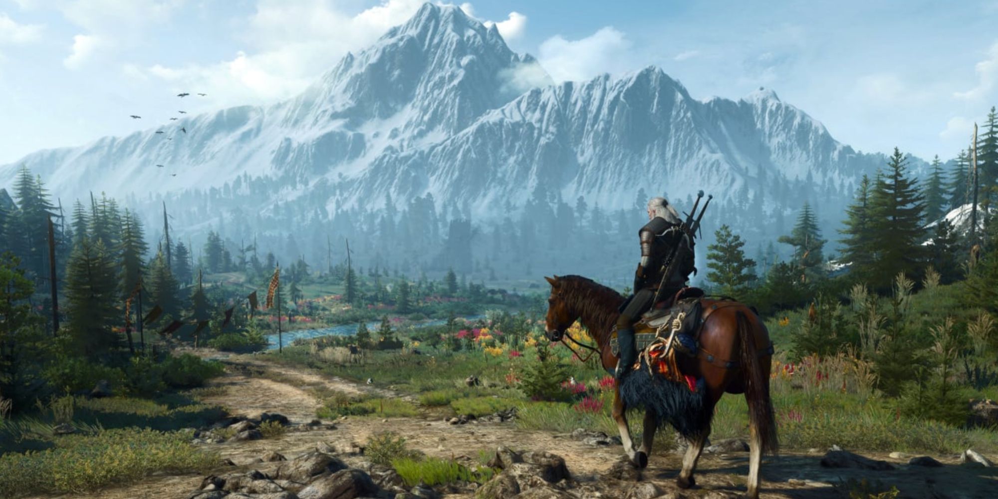 Геральт верхом на Плотве и исследует открытый мир в The Witcher 3 Wild Hunt.